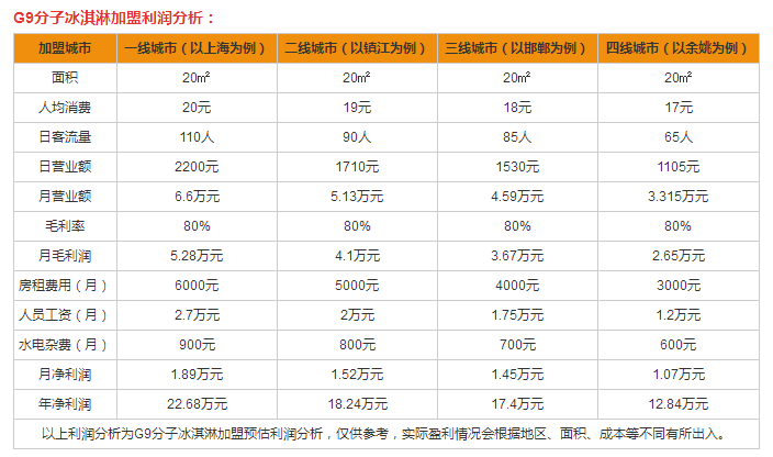 G9分子冰淇淋盈利分析